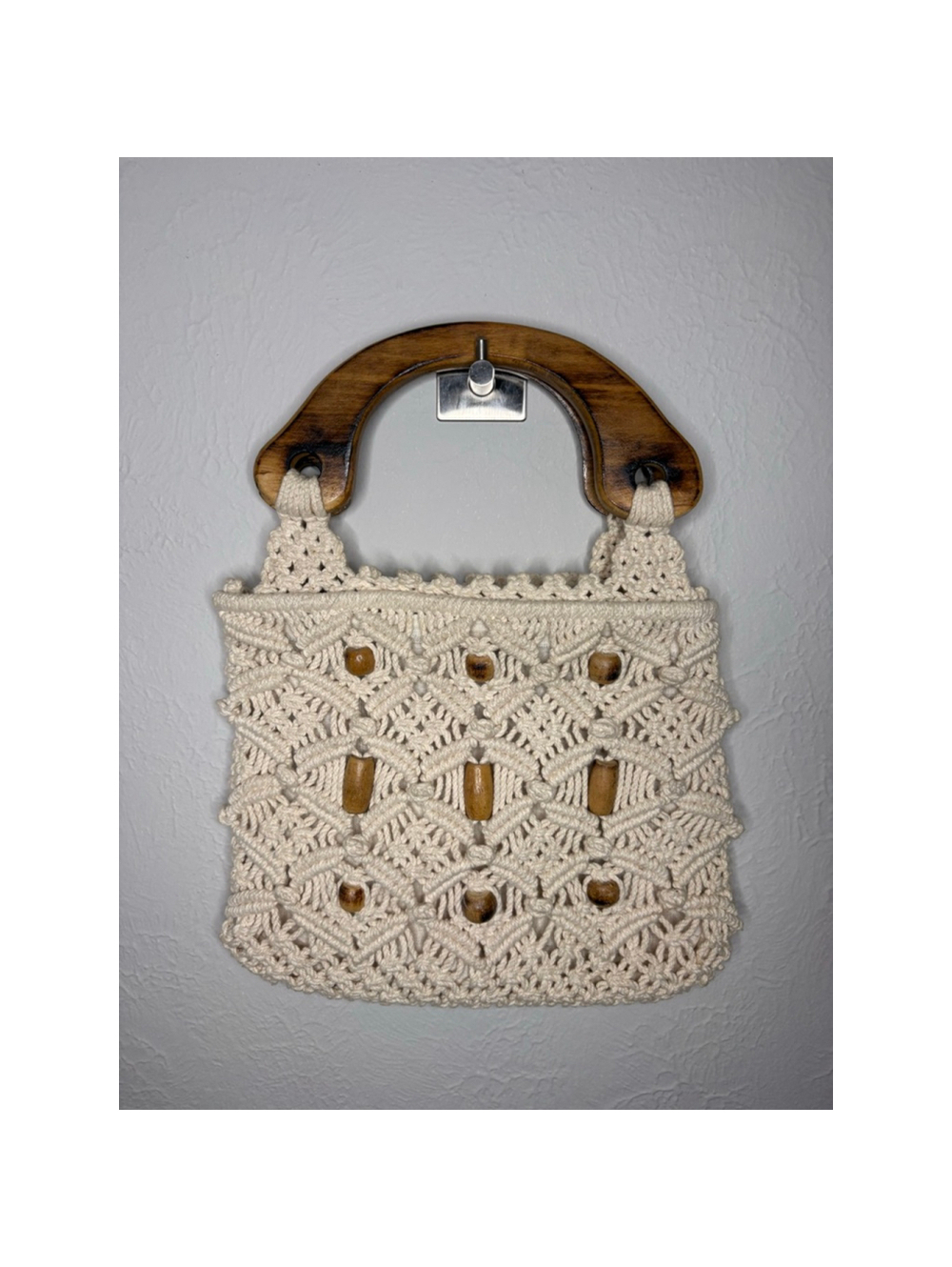 Vintage Boho Macrame Bag with Wooden Handle